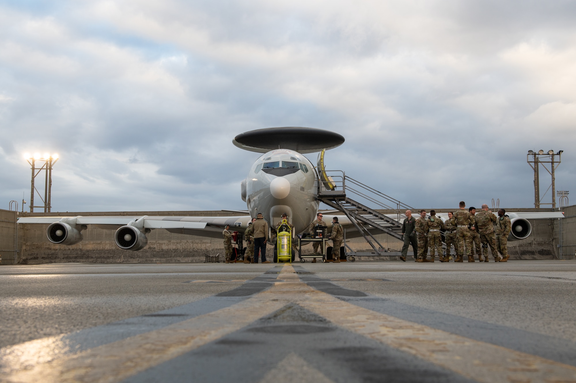 A U.S. Air Force E-3 Sentry airborne early warning and control aircraft assigned to the 961st Airborne Air Control Squadron parks on the flightline at Kadena Air Base, Japan, Jan. 17, 2024