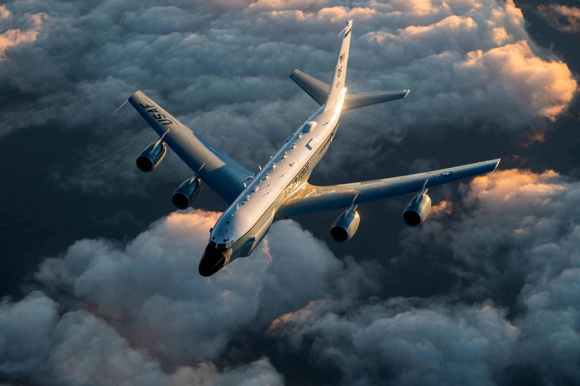 A U.S. Air Force RC-135 Rivet Joint assigned to the 82nd Reconnaissance Squadron conducts aerial refueling with a KC-135 Stratotanker assigned to the 909th Air Refueling Squadron over the coast of Japan, Nov. 8, 2024.