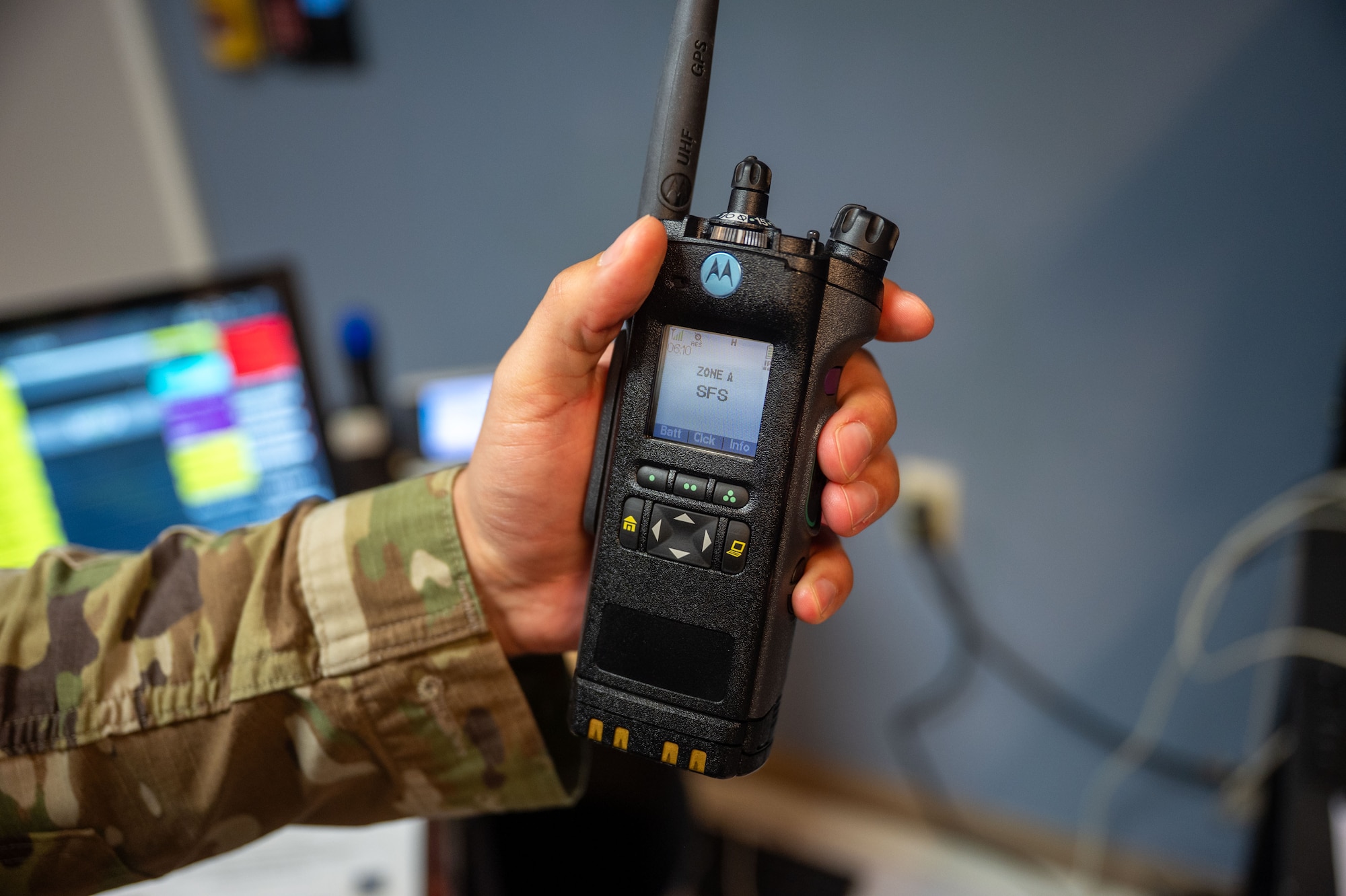 U.S. Air Force Senior Airman Noah Roubicek, 42d Wing Support Agency Command Post emergency actions controller, displays a land mobile radio at Maxwell Air Force Base, Alabama, Nov. 25, 2025.