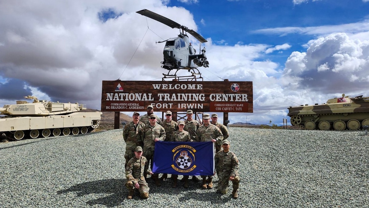 752nd Operations Support Squadron Airmen pose for a photo after Project Convergence Capstone 5 at the National Training Center, Fort Irwin, Calif., March 11, 2025. PC-C5 provided a controlled environment for rapid fielding and data collection on the Tactical Operations Center – Light’s performance under varying pressure. (Courtesy Photo)