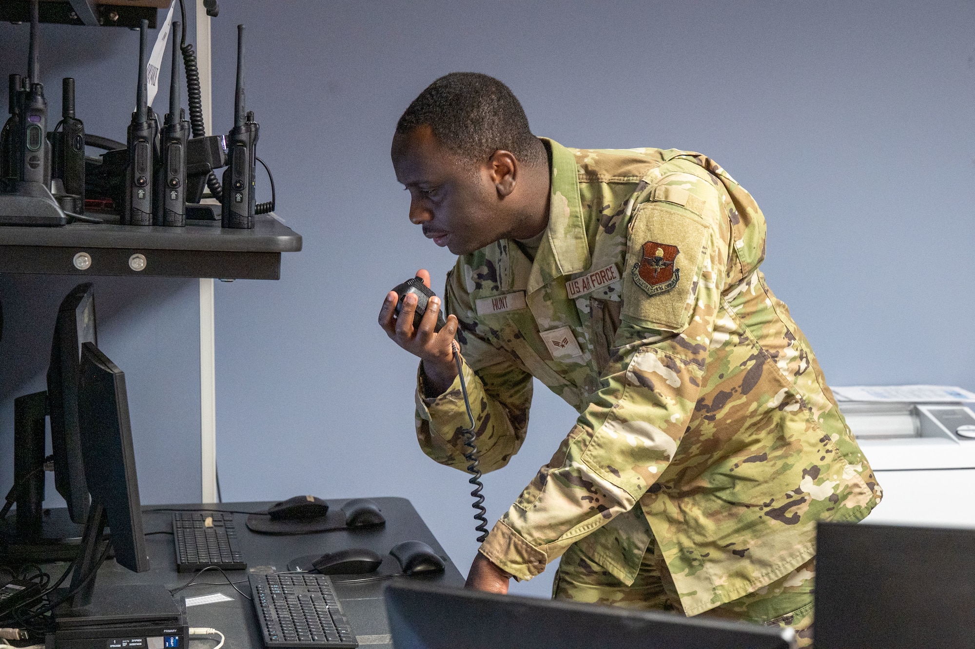 U.S. Air Force Senior Airman Devar Hunt, 42d Wing Support Agency emergency actions controller, performs a radio check for the Command Post at Maxwell Air Force Base, Alabama, Nov. 25, 2025.