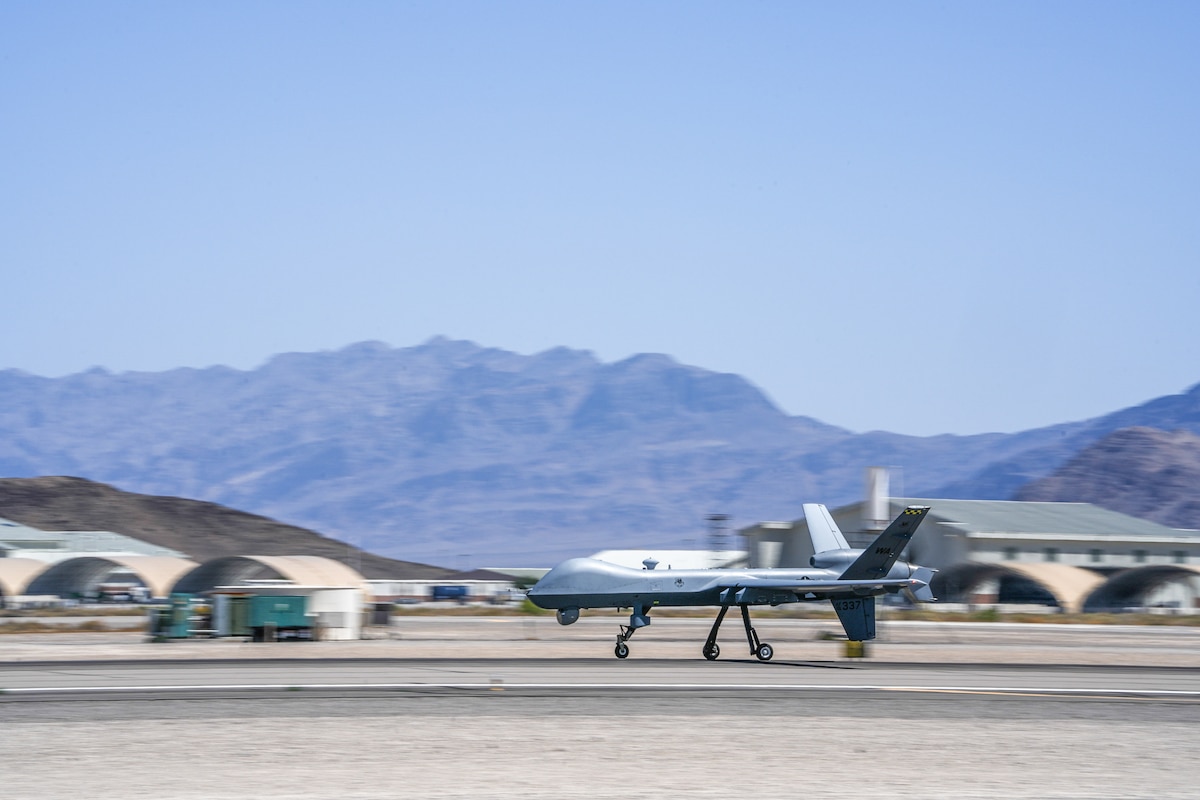 A remotely piloted aircraft comes in for a landing.