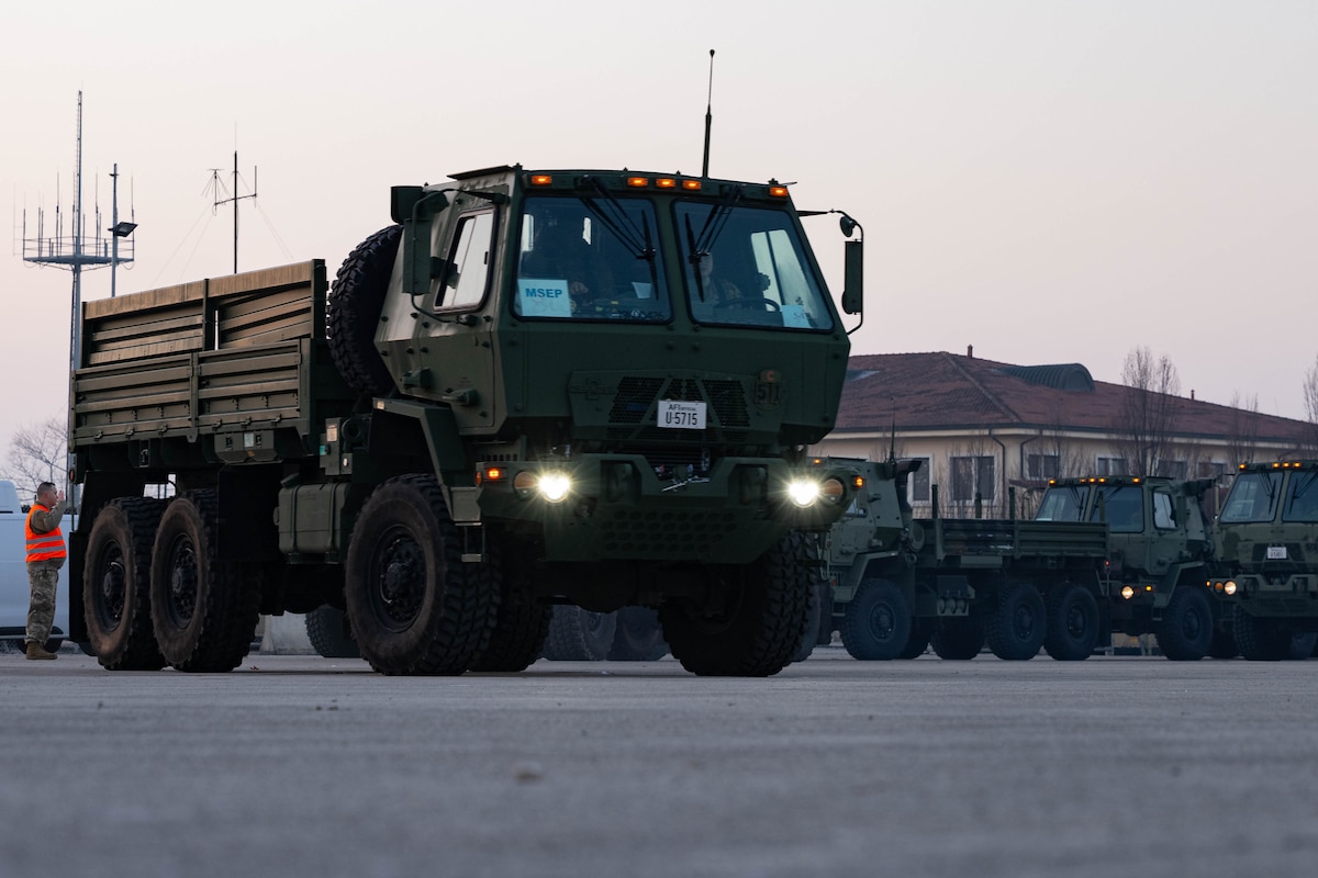 A truck joins a convoy.