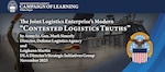 A signaler coordinates a navy craft launch with text overlaid saying “The Joint Logistics Enterprise’s Modern Contested Logistics Truths,” by Army Lt. Gen. Mark Simerly and Leighann Martin