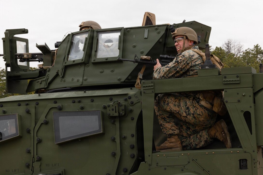 A U.S. Marine Corps combined anti-armor team listen to and repeat instructions during a live-fire exercise at Joint Base McGuire-Dix-Lakehurst, New Jersey, Dec. 6, 2025. Marines with 2nd Battalion, 25th Marine Regiment, 4th Marine Division, execute live-fire missions to sustain and refine unit capabilities in tactical decision-making, leadership and technical proficiency. (U.S. Marine Corps photo by Lance Cpl. Breysson Villacortacampos)