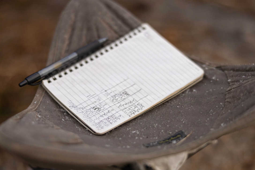 A notepad lays on a camping stool at Joint Base McGuire-Dix-Lakehurst, New Jersey, Dec. 6, 2025. The notes describe instructions for Marines with 2nd Battalion, 25th Marine Regiment, 4th Marine Division, operating M252A2 81mm mortar systems. (U.S. Marine Corps photo by Lance Cpl. Breysson Villacortacampos)