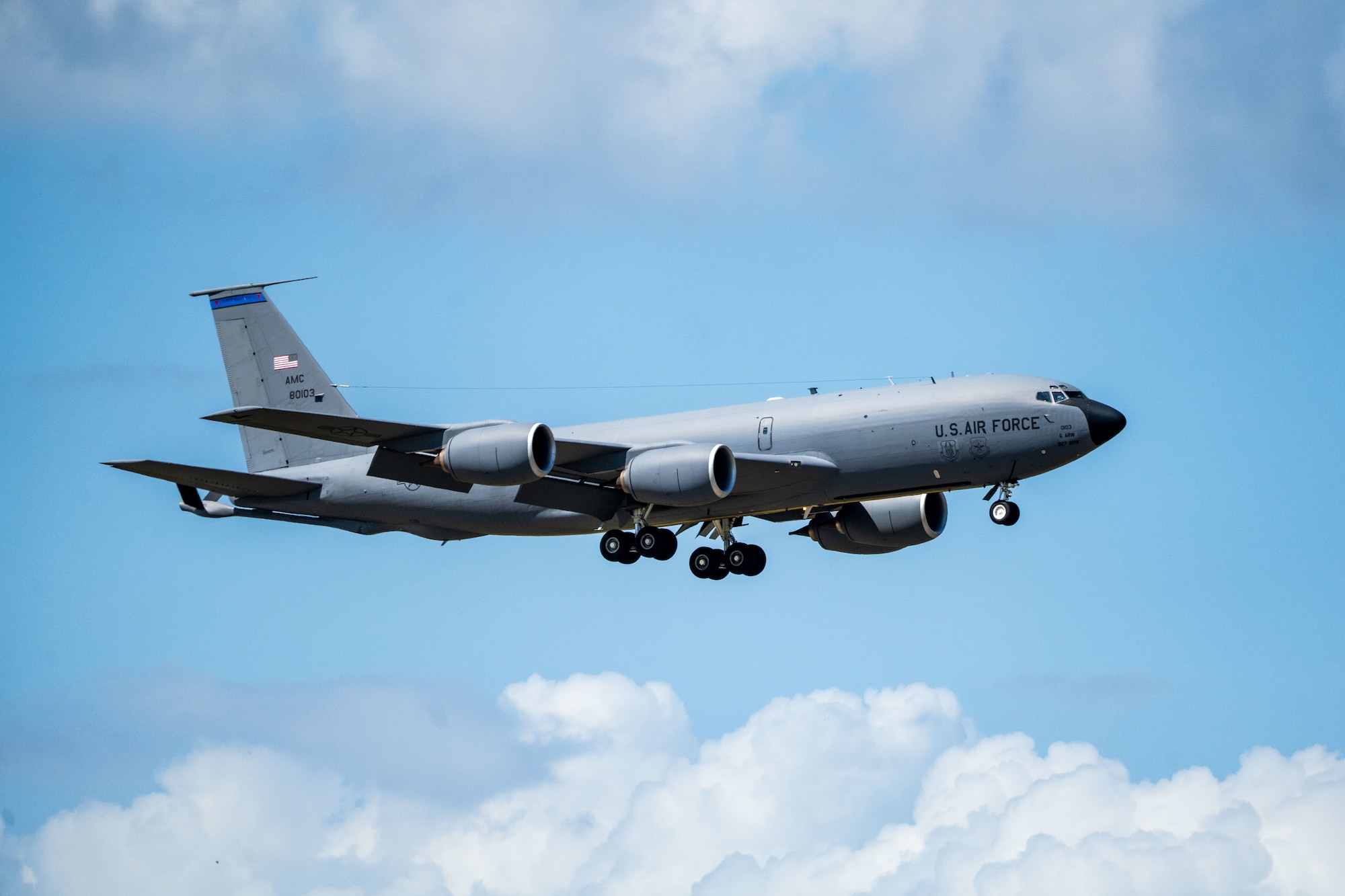 A KC-135 Stratotanker assigned to the 6th Air Refueling Wing departs MacDill Air Force Base, Florida, Oct. 6, 2025. The KC-135 provides the core aerial refueling capability for the United States Air Force and has excelled in this role for more than 60 years. This unique asset enhances the Air Force's capability to accomplish its primary mission of global reach. (U.S. Air Force photo by Senior Airman Zachary Foster)