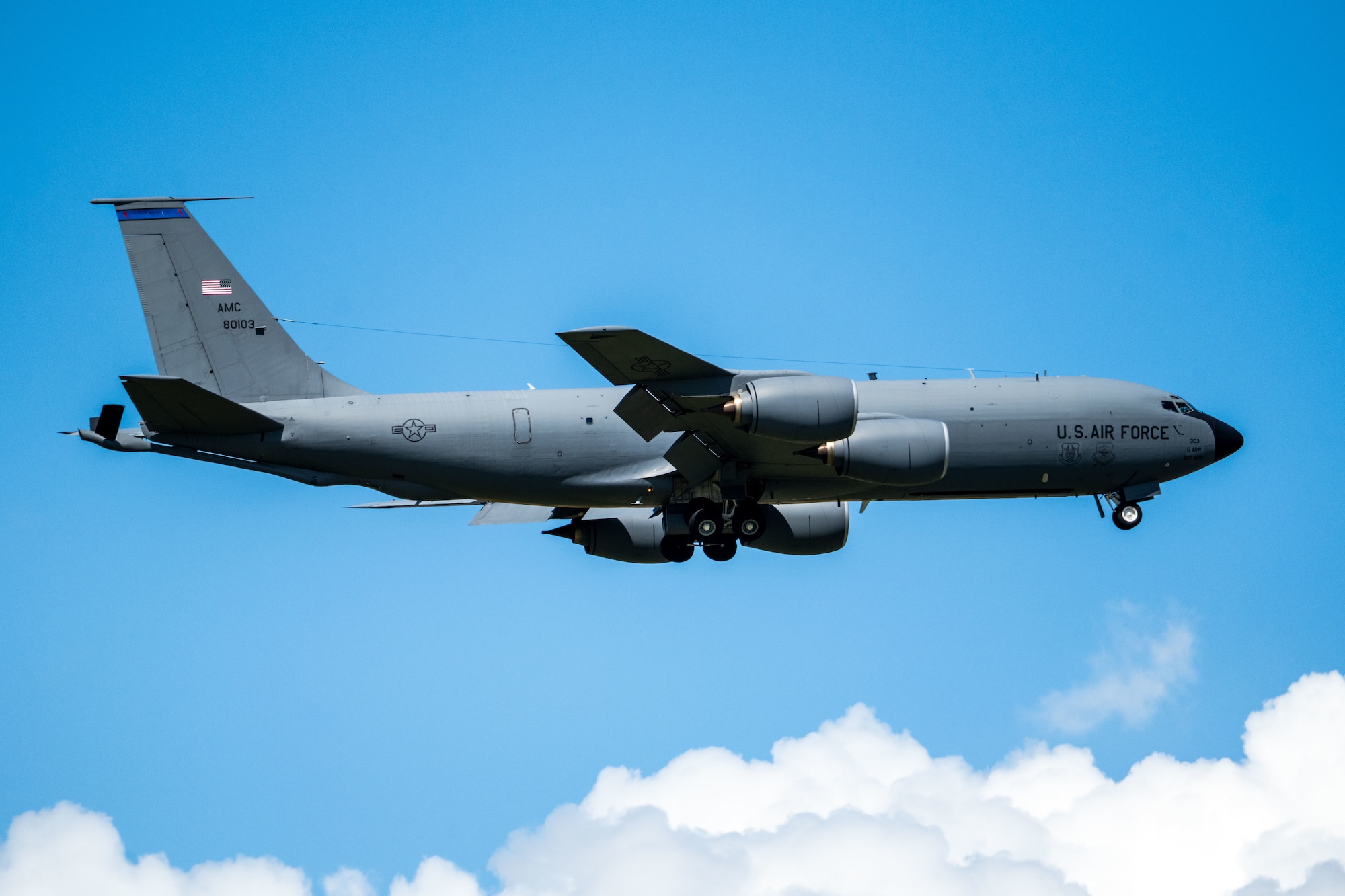 A KC-135 Stratotanker assigned to the 6th Air Refueling Wing departs MacDill Air Force Base, Florida, Oct. 6, 2025. The KC-135 was created in conjunction with the B-52 Stratofortress to extend U.S. nuclear deterrence anywhere in the world, at any time. (U.S. Air Force photo by Senior Airman Zachary Foster)