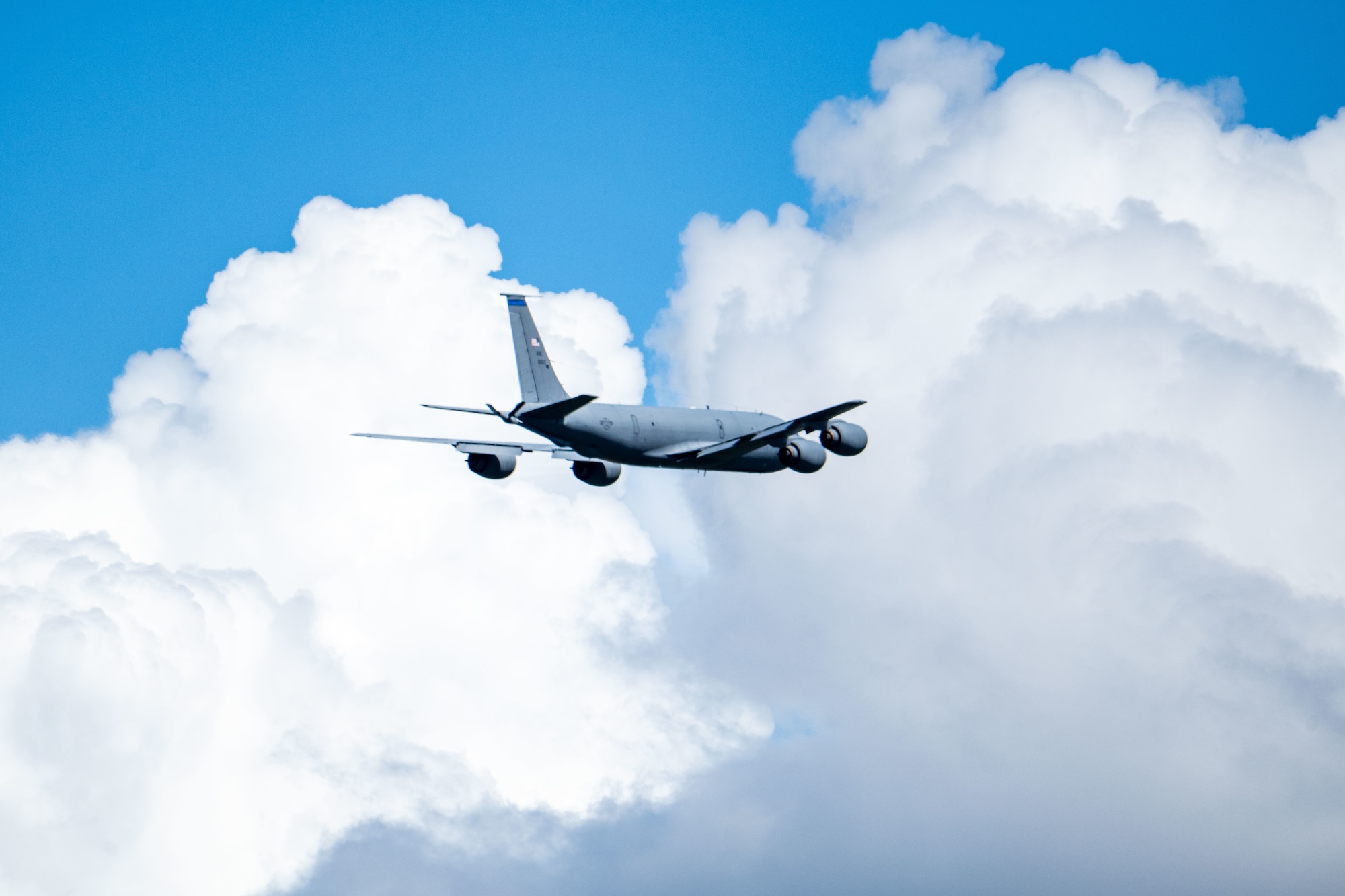A KC-135 Stratotanker assigned to the 6th Air Refueling Wing departs MacDill Air Force Base, Florida, Oct. 6, 2025. The KC-135 was created in conjunction with the B-52 Stratofortress to extend U.S. nuclear deterrence anywhere in the world, at any time. (U.S. Air Force photo by Senior Airman Zachary Foster)