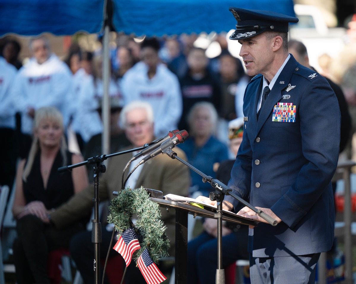 96th Test Wing deputy commander, delivers his remarks during the Wreaths Across America Placement Ceremony.