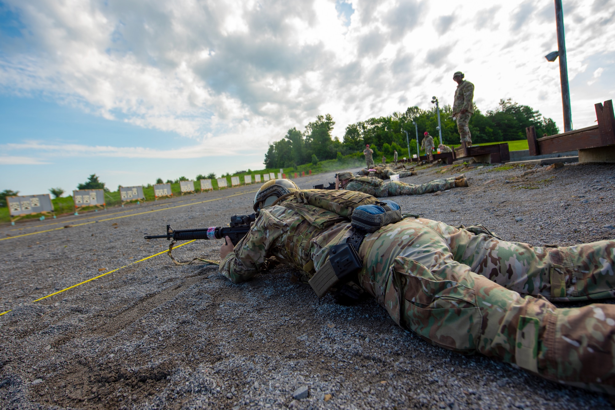 Tech. Sgt. Michael Bradley of the Kentucky Air Guard’s 123rd Special Tactics Squadron aims an M16A4 rifle while prone July 13, 2025, during the Adjutant General’s Match, a marksmanship competition held at the Wendell H. Ford Regional Training center in Greenville, Ky. The event tested Soldiers and Airmen with realistic, combat-focused shooting scenarios designed to sharpen weapons proficiency and lethality. (U.S. Air National Guard photo by Airman 1st Class Angelee Barnett)