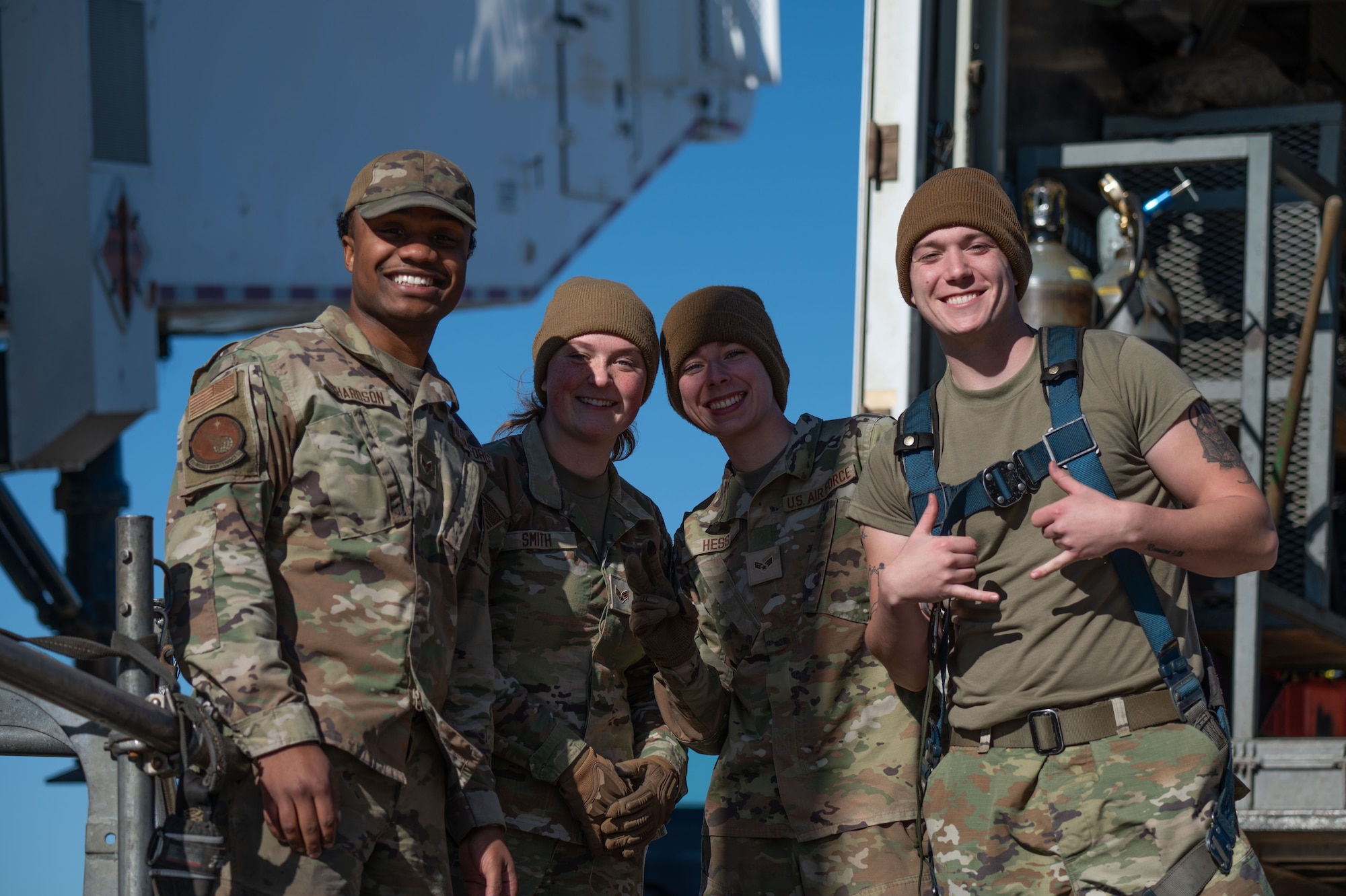 U.S. Airmen assigned to 91st Missile Maintenance Squadron smile before performing maintenance operations during
Operation Bully Stick near Minot Air Force Base, North Dakota, Oct. 23, 2025. Operation Bully Stick is an exercise designed to test the wing’s ability to rapidly generate intercontinental ballistic missile (ICBM) readiness under agile combat employment (ACE) concepts. (U.S. Air Force photo by Airman 1st Class Vincent Padilla)