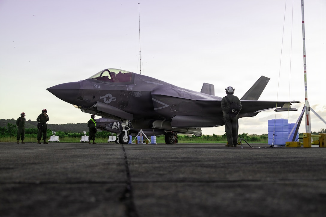 U.S. Marines with Marine Fighter Attack Squadron (VMFA) 225, U.S. Marine Corps Forces South, prepare to launch a U.S. Marine Corps F-35B Lightning II assigned to VMFA-225 at Jose Aponte de la Torre Airport in Ceiba, Puerto Rico, Dec. 9, 2025. U.S. military forces are deployed to the Caribbean in support of the U.S. Southern Command mission, Department of War-directed operations, and the president’s priorities to disrupt illicit drug trafficking and protect the homeland. (U.S. Marine Corps photo)