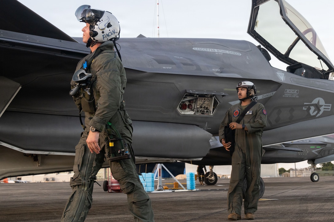 A U.S. Marine Corps plane captain and pilot with Marine Fighter Attack Squadron (VMFA) 225, U.S. Marine Corps Forces South, conduct pre-flight inspections on a U.S. Marine Corps F-35B Lightning II assigned to VMFA-225 at Jose Aponte de la Torre Airport in Ceiba, Puerto Rico, Dec. 9, 2025. U.S. military forces are deployed to the Caribbean in support of the U.S. Southern Command mission, Department of War-directed operations, and the president’s priorities to disrupt illicit drug trafficking and protect the homeland. (U.S. Marine Corps photo)