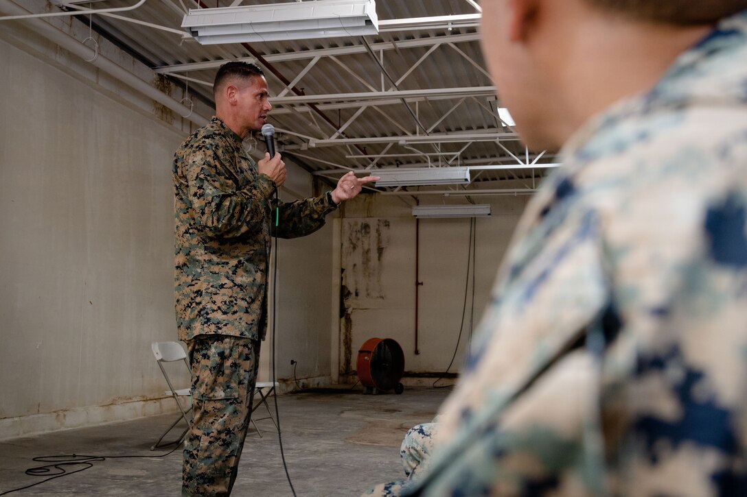 U.S. Marine Corps Sgt. Maj. Carlos A. Ruiz, the 20th Sergeant Major of the Marine Corps, addresses U.S. Marines with Marine Medium Tiltrotor Squadron (VMM) 263, 22nd Marine Expeditionary Unit (Special Operations Capable), and Marine Fighter Attack Squadron (VMFA) 225, U.S. Marine Corps Forces, South, at Jose Aponte de la Torre Airport in Ceiba, Puerto Rico, Dec. 12, 2025. U.S. military forces are deployed to the Caribbean in support of the U.S. Southern Command mission, Department of War-directed operations, and the president’s priorities to disrupt illicit drug trafficking and protect the homeland. (U.S. Marine Corps photo)