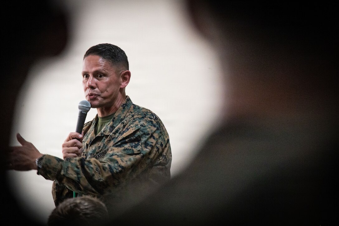 U.S. Marine Corps Sgt. Maj. Carlos A. Ruiz, the 20th Sergeant Major of the Marine Corps, addresses U.S. Marines with Marine Medium Tiltrotor Squadron (VMM) 263, 22nd Marine Expeditionary Unit (Special Operations Capable), and Marine Fighter Attack Squadron (VMFA) 225, U.S. Marine Corps Forces, South, at Jose Aponte de la Torre Airport in Ceiba, Puerto Rico, Dec. 12, 2025. U.S. military forces are deployed to the Caribbean in support of the U.S. Southern Command mission, Department of War-directed operations, and the president’s priorities to disrupt illicit drug trafficking and protect the homeland. (U.S. Marine Corps photo)