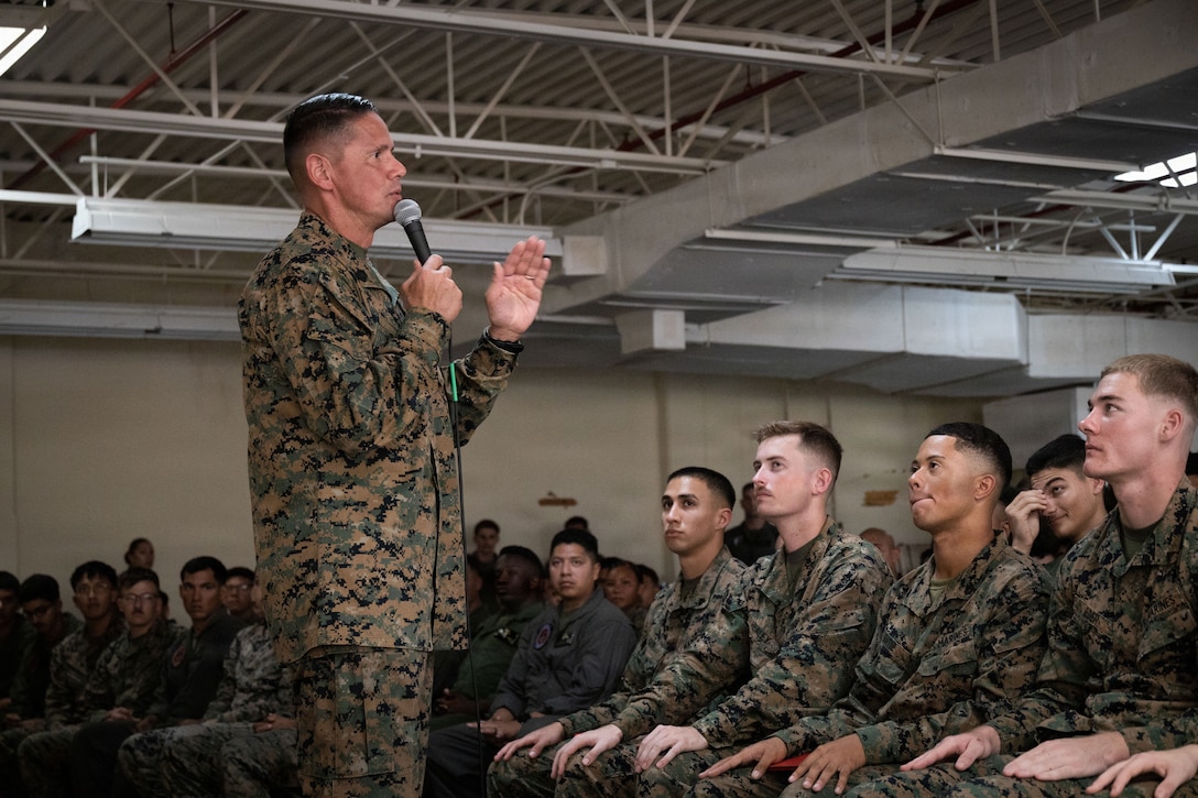 U.S. Marine Corps Sgt. Maj. Carlos A. Ruiz, the 20th Sergeant Major of the Marine Corps, addresses U.S. Marines with Marine Medium Tiltrotor Squadron (VMM) 263, 22nd Marine Expeditionary Unit (Special Operations Capable), and Marine Fighter Attack Squadron (VMFA) 225, U.S. Marine Corps Forces, South, at Jose Aponte de la Torre Airport in Ceiba, Puerto Rico, Dec. 12, 2025. U.S. military forces are deployed to the Caribbean in support of the U.S. Southern Command mission, Department of War-directed operations, and the president’s priorities to disrupt illicit drug trafficking and protect the homeland. (U.S. Marine Corps photo)
