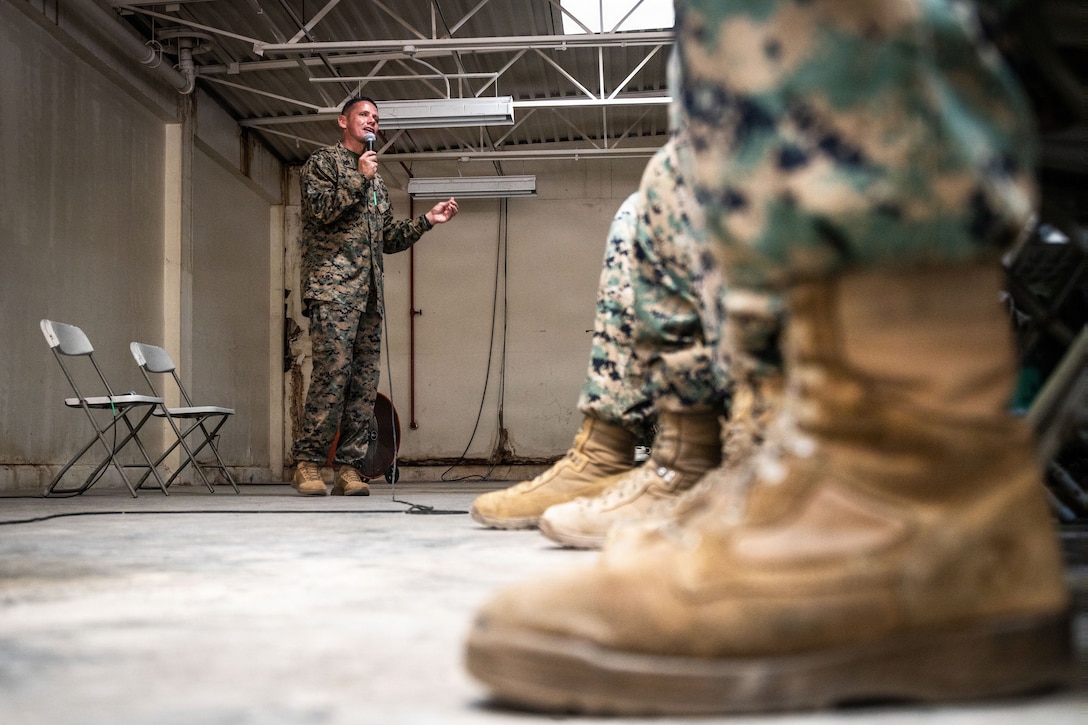 U.S. Marine Corps Sgt. Maj. Carlos A. Ruiz, the 20th Sergeant Major of the Marine Corps, addresses U.S. Marines with Marine Medium Tiltrotor Squadron (VMM) 263, 22nd Marine Expeditionary Unit (Special Operations Capable), and Marine Fighter Attack Squadron (VMFA) 225, U.S. Marine Corps Forces, South, at Jose Aponte de la Torre Airport in Ceiba, Puerto Rico, Dec. 12, 2025. U.S. military forces are deployed to the Caribbean in support of the U.S. Southern Command mission, Department of War-directed operations, and the president’s priorities to disrupt illicit drug trafficking and protect the homeland. (U.S. Marine Corps photo)