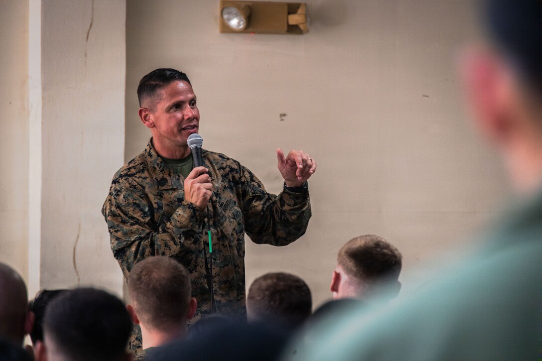 U.S. Marine Corps Sgt. Maj. Carlos A. Ruiz, the 20th Sergeant Major of the Marine Corps, addresses U.S. Marines with Marine Medium Tiltrotor Squadron (VMM) 263, 22nd Marine Expeditionary Unit (Special Operations Capable), and Marine Fighter Attack Squadron (VMFA) 225, U.S. Marine Corps Forces, South, at Jose Aponte de la Torre Airport in Ceiba, Puerto Rico, Dec. 12, 2025. U.S. military forces are deployed to the Caribbean in support of the U.S. Southern Command mission, Department of War-directed operations, and the president’s priorities to disrupt illicit drug trafficking and protect the homeland. (U.S. Marine Corps photo)