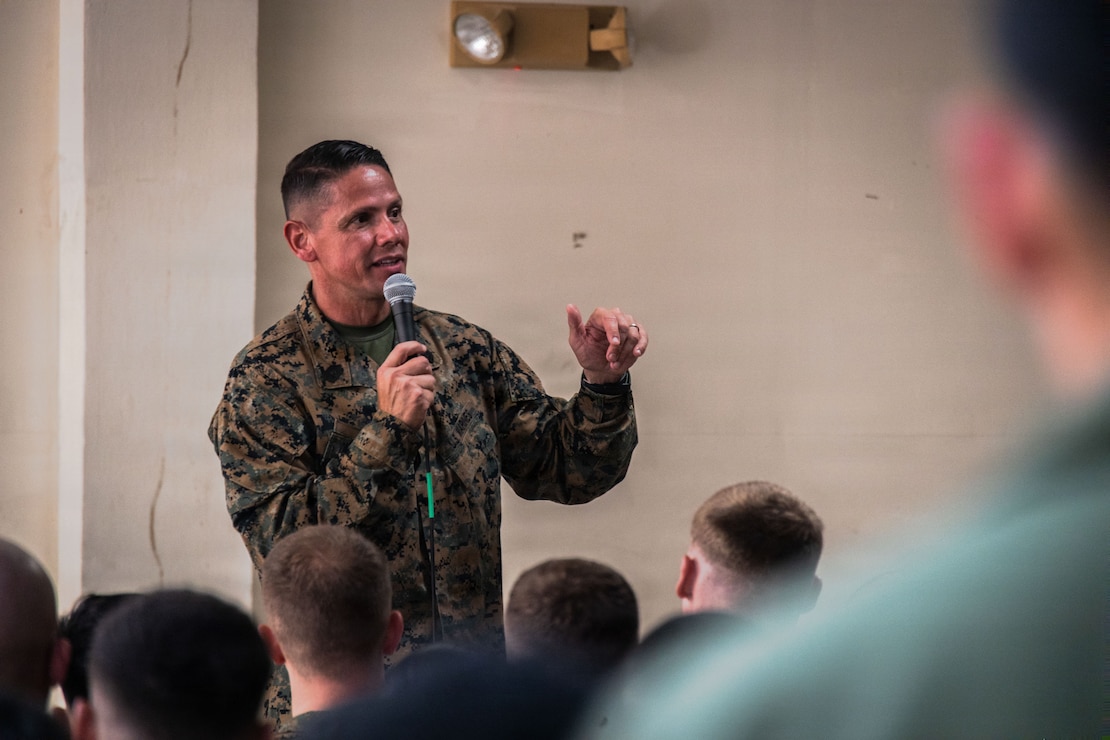 U.S. Marine Corps Sgt. Maj. Carlos A. Ruiz, the 20th Sergeant Major of the Marine Corps, addresses U.S. Marines with Marine Medium Tiltrotor Squadron (VMM) 263, 22nd Marine Expeditionary Unit (Special Operations Capable), and Marine Fighter Attack Squadron (VMFA) 225, U.S. Marine Corps Forces, South, at Jose Aponte de la Torre Airport in Ceiba, Puerto Rico, Dec. 12, 2025. U.S. military forces are deployed to the Caribbean in support of the U.S. Southern Command mission, Department of War-directed operations, and the president’s priorities to disrupt illicit drug trafficking and protect the homeland. (U.S. Marine Corps photo)