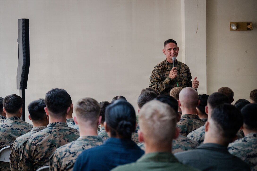 U.S. Marine Corps Sgt. Maj. Carlos A. Ruiz, the 20th Sergeant Major of the Marine Corps, addresses U.S. Marines with Marine Medium Tiltrotor Squadron (VMM) 263, 22nd Marine Expeditionary Unit (Special Operations Capable), and Marine Fighter Attack Squadron (VMFA) 225, U.S. Marine Corps Forces, South, at Jose Aponte de la Torre Airport in Ceiba, Puerto Rico, Dec. 12, 2025. U.S. military forces are deployed to the Caribbean in support of the U.S. Southern Command mission, Department of War-directed operations, and the president’s priorities to disrupt illicit drug trafficking and protect the homeland. (U.S. Marine Corps photo)