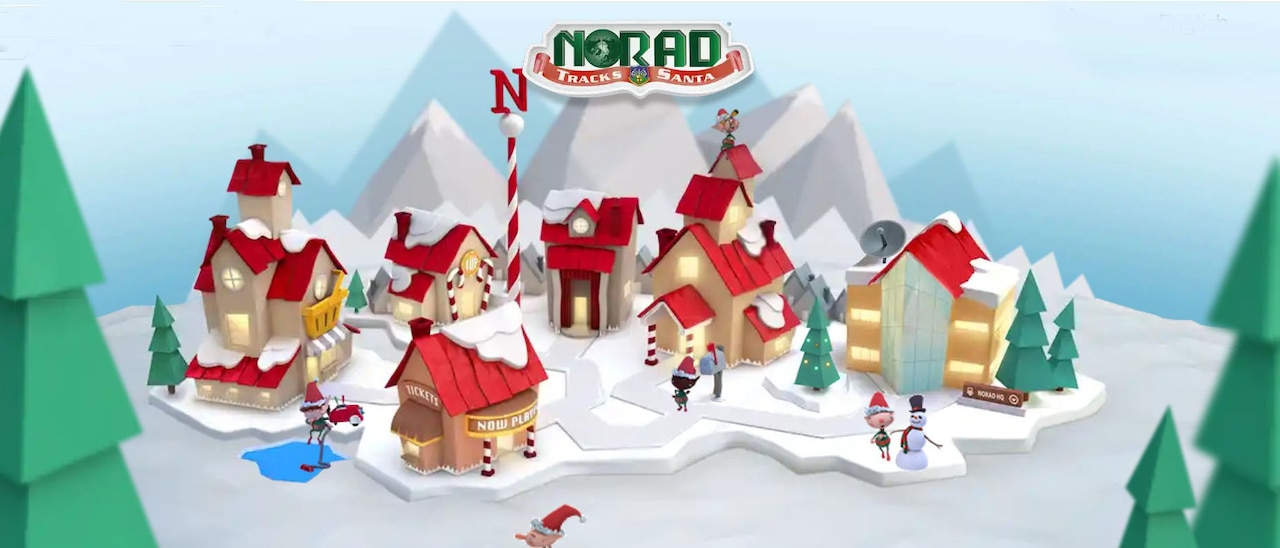 An animated view of Santa's village with elves wandering around.
