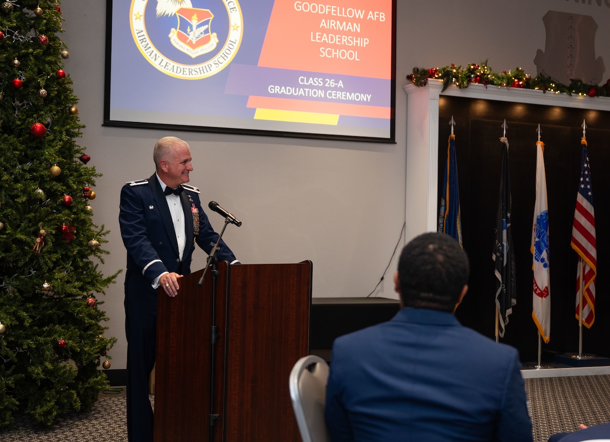 U.S. Air Force Col. Matthew Norton, 17th Training Wing commander, speaks at the Airman Leadership School graduation.