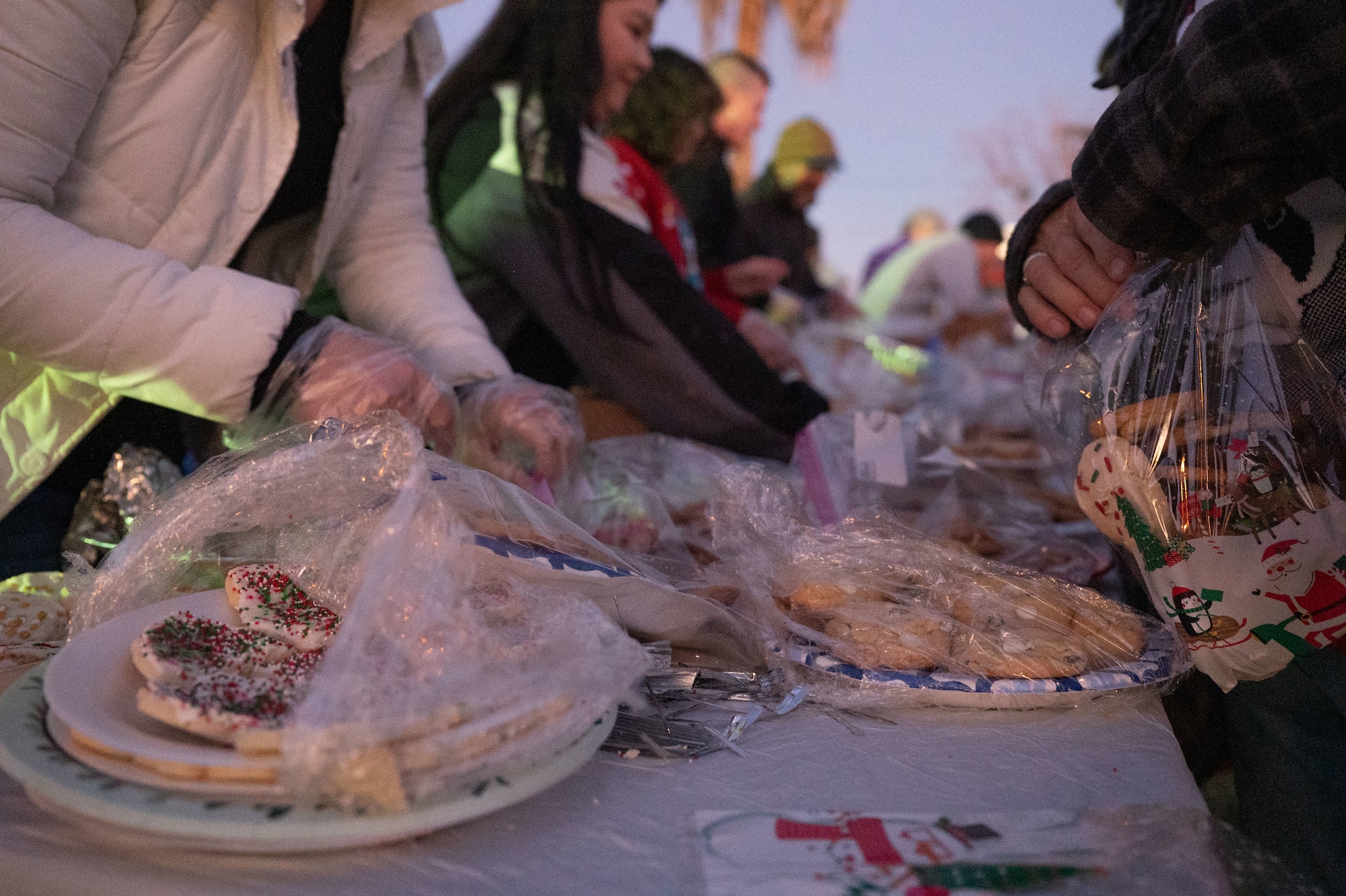 Volunteers distribute cookies during the 2025 Christmas Tree Lighting at Davis-Monthan Air Force Base, Arizona, Dec. 5, 2025. The annual event brought Davis-Monthan families together to celebrate the start of the holiday season. (U.S. Air Force photo by Airman 1st Class Jaden Kidd)