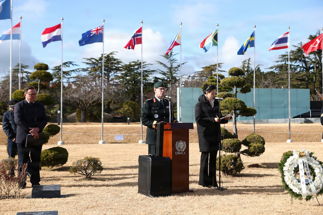 Lt. Gen. Derek Macaulay, United Nations Command deputy commander, provides remarks during the interment ceremony at the United Nations Memorial Cemetery in Korea, Dec. 12.