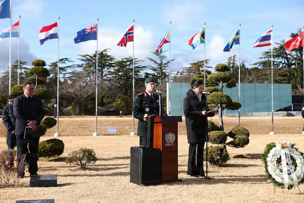 Lt. Gen. Derek Macaulay, United Nations Command deputy commander, provides remarks during the interment ceremony at the United Nations Memorial Cemetery in Korea, Dec. 12.