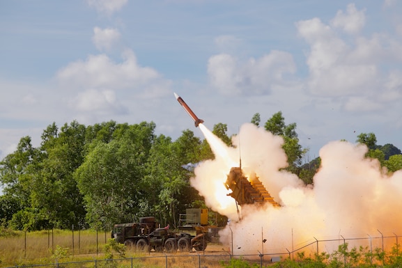 KOROR, Palau — A Patriot Advanced Capability 2 Interceptor missile is fired from an M903 Patriot Launching Station assigned to Battery D, 1st Battalion, 1st Air Defense Artillery Regiment during the patriot live fire portion of Exercise Tenacious Archer 25 on Aug. 21, 2025.