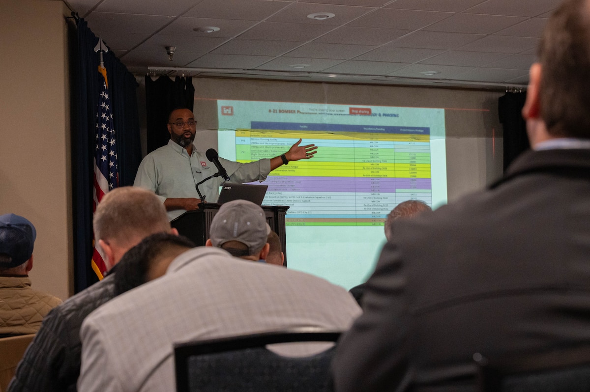 Jason Price, Army Corps of engineers Fort Worth district account manager, discusses upcoming construction projects during the B-21 Industry Day at Dyess Air Force Base, Texas, Dec. 12, 2025. During the event, attendees received briefings on contracting requirements, project timelines and expectations for major construction projects as part of a long-term modernization plan to prepare Dyess for the B-21 Raider while sustaining ongoing B-1B Lancer and C-130J Super Hercules operations. (U.S. Air Force photo by Airman William Neal)