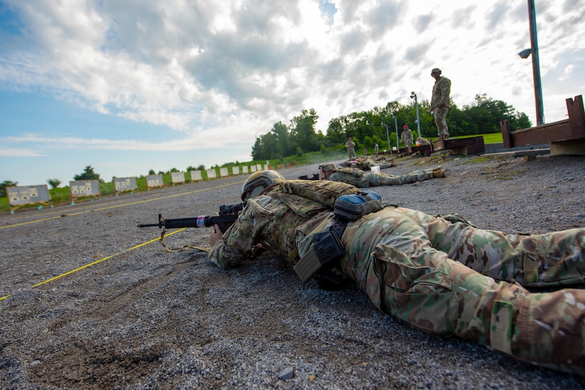 Tech. Sgt. Michael Bradley of the Kentucky Air Guard’s 123rd Special Tactics Squadron aims an M16A4 rifle while prone July 13, 2025, during the Adjutant General’s Match, a marksmanship competition held at the Wendell H. Ford Regional Training center in Greenville, Ky. The event tested Soldiers and Airmen with realistic, combat-focused shooting scenarios designed to sharpen weapons proficiency and lethality. (U.S. Air National Guard photo by Airman 1st Class Angelee Barnett)