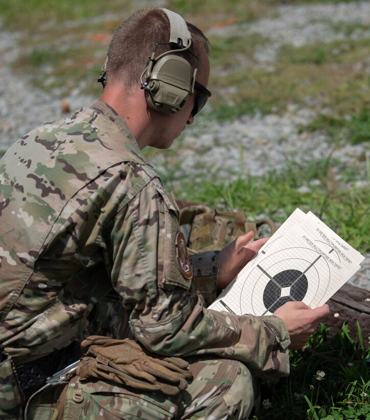 Tech. Sgt. Michael Bradley of Kentucky Air National Guard’s 123rd Special Tactics Squadron prepares targets July 12, 2025 during the Adjutant General’s Match, a marksmanship competition held at the Wendell H. Ford Regional Training center in Greenville, Ky. The event tested Soldiers and Airmen with realistic, combat-focused shooting scenarios designed to sharpen weapons proficiency and lethality. (U.S. Air National Guard photo by Airman 1st Class Angelee Barnett)