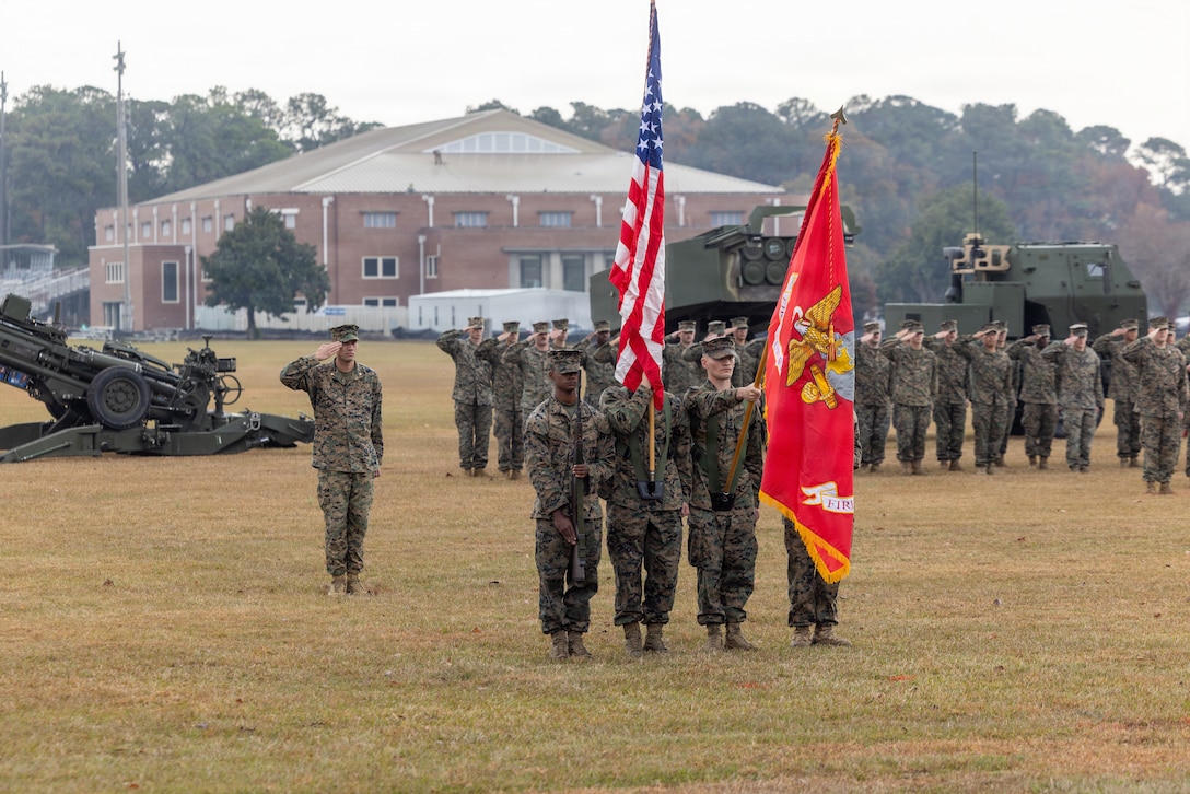 U.S. Marines with 10th Marine Regiment, 2nd Marine Division participate in an activation ceremony for Fire Support Battalion on Marine Corps Base Camp Lejeune, North Carolina, Nov. 21, 2025. Fire Support Battalion was activated to support ground units with direct and indirect fire liaison capabilities. (U.S. Marine Corps photo by Lance Cpl. Brian Bolin Jr.)
