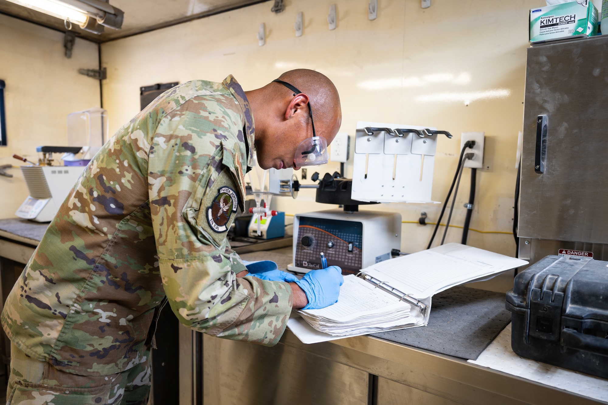 U.S. Air Force Staff Sgt. Fabian Pelayo, 378th Expeditionary Logistics Readiness Squadron fuels laboratory technician, tests fuel samples
