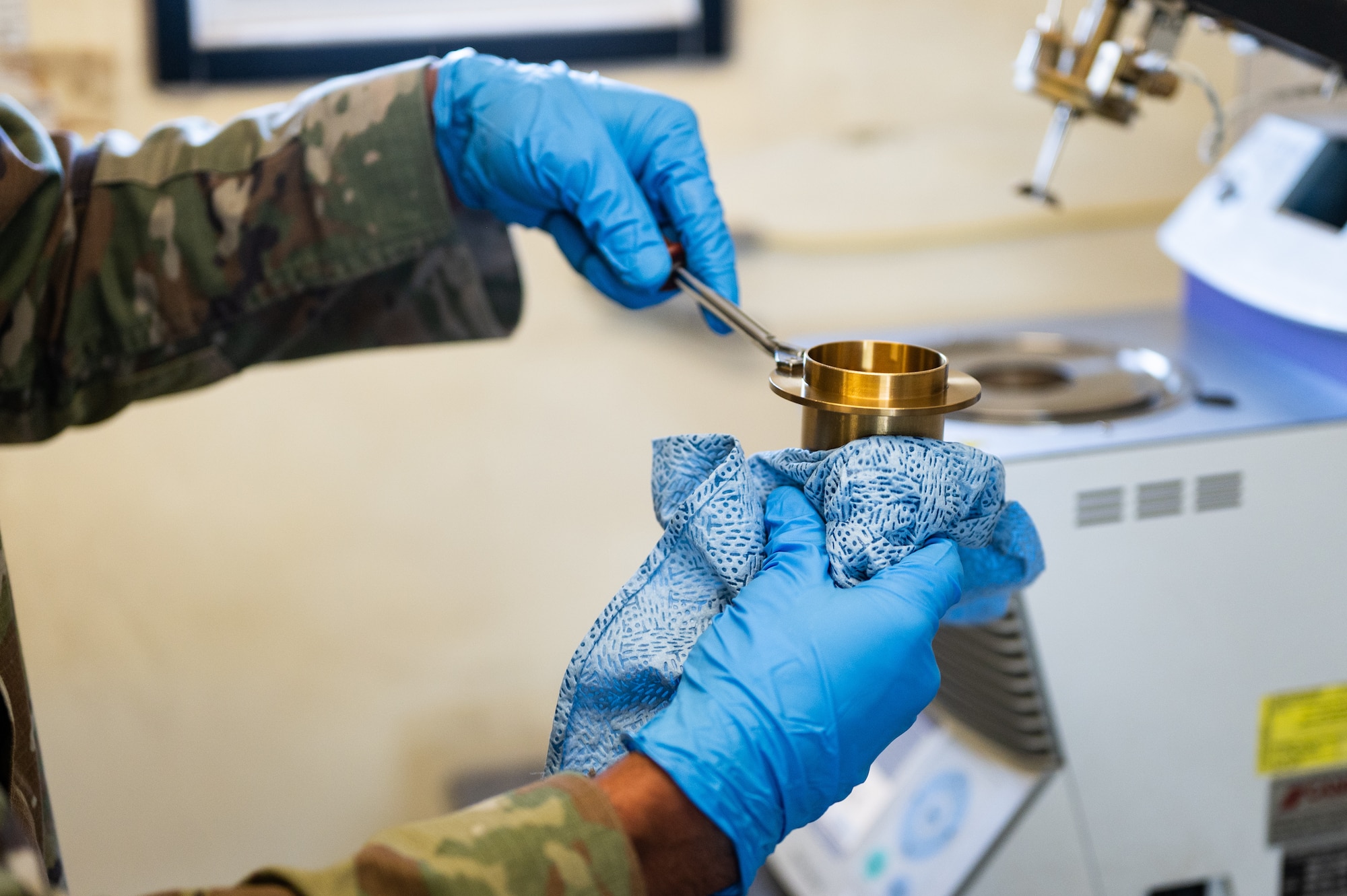 U.S. Air Force Staff Sgt. Fabian Pelayo, 378th Expeditionary Logistics Readiness Squadron fuels laboratory technician, tests fuel samples