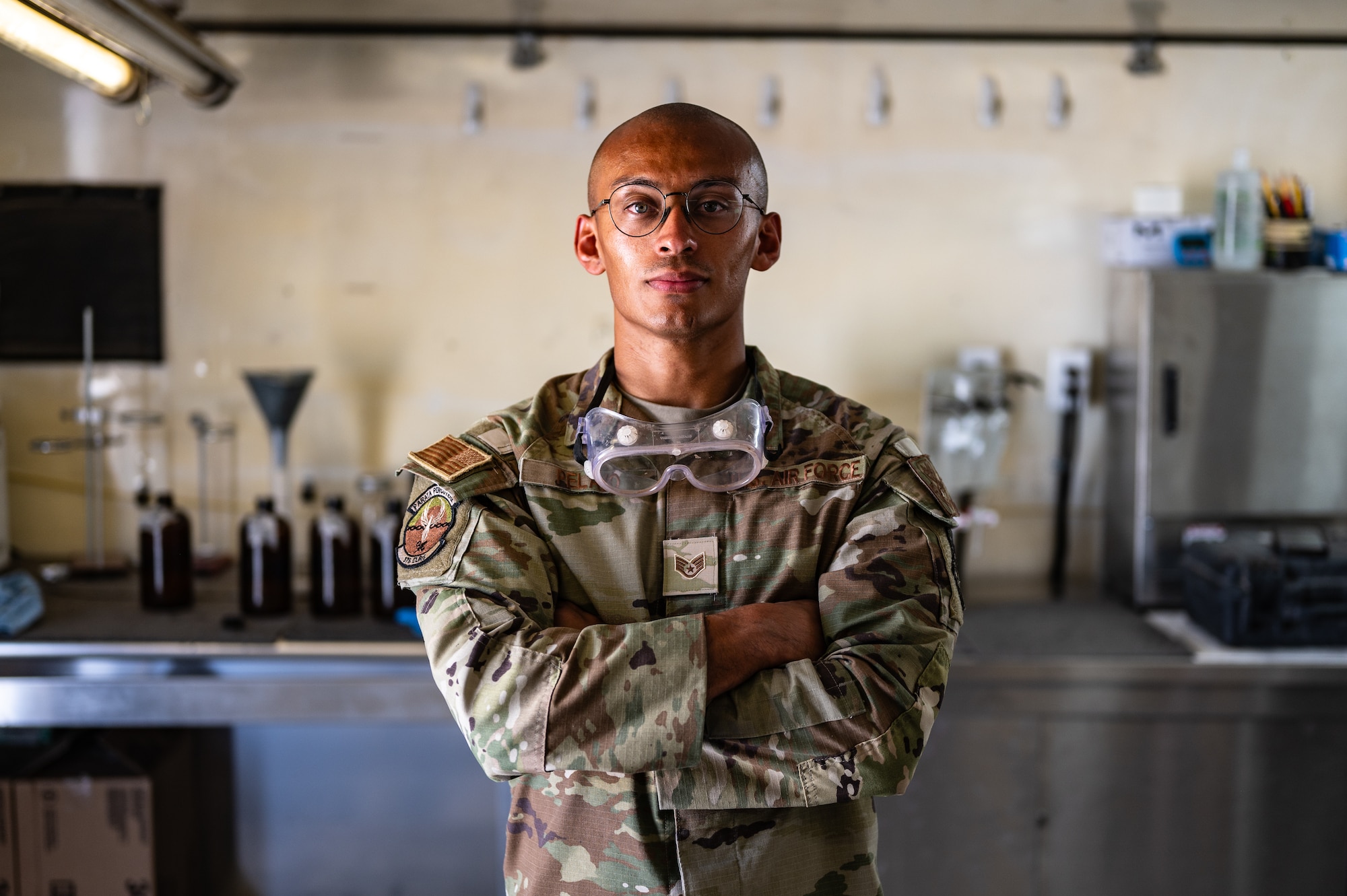 U.S. Air Force Staff Sgt. Fabian Pelayo, 378th Expeditionary Logistics Readiness Squadron fuels laboratory technician, tests fuel samples