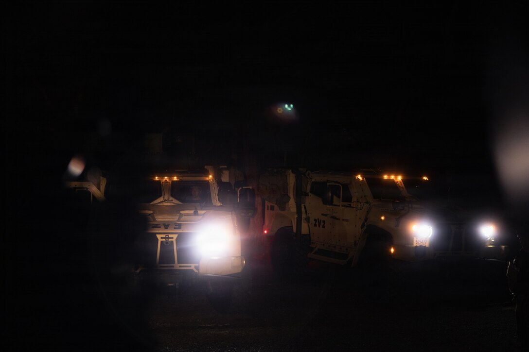 U.S. Marines with Weapons Company, Battalion Landing Team 3rd Battalion, 1st Marine Regiment, 31st Marine Expeditionary Unit, prepare joint light tactical vehicles for convoy operations during a simulated tactical recovery of aircraft personnel exercise as part of MEU Exercise at Camp Schwab, Okinawa, Japan, Dec. 10, 2025. The simulated TRAP exercise showcased advanced trauma life support capabilities and evaluated the platoon’s rapid response and recovery tactics of downed aircraft, personnel and equipment in isolated locations. The 31st MEU, the Marine Corps’ only continuously forward deployed MEU, provides a flexible and lethal force, ready to perform a wide range of military operations as the premiere crisis response force in the Indo-Pacific region. (U.S. Marine Corps photo by Sgt. Alora Finigan)