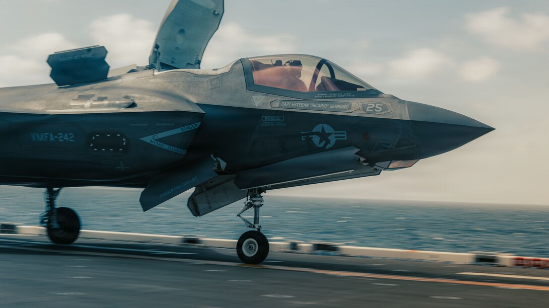 A U.S. Marine Corps F-35B Lightning II assigned to Marine Fighter Attack Squadron (VMFA) 242, 31st Marine Expeditionary Unit, takes off aboard the forward-deployed amphibious assault carrier USS Tripoli (LHA 7), flagship of the Tripoli Expeditionary Strike Group, Dec. 7, 2025, while conducting routine operations in the U.S. 7th Fleet Area of Operations. The 31st MEU, the Marine Corps’ only continuously forward-deployed MEU, provides a flexible and lethal force ready to perform a wide range of military operations as the premiere crisis response force in the Indo-Pacific region. (U.S. Marine Corps photo by Lance Cpl. Raul Sotovilla)