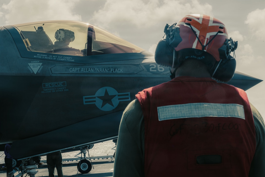 A U.S. Marine Corps F-35B Lightning II assigned to Marine Fighter Attack Squadron (VMFA) 242, 31st Marine Expeditionary Unit, prepares to take off aboard the forward-deployed amphibious assault carrier USS Tripoli (LHA 7), flagship of the Tripoli Expeditionary Strike Group, Dec. 7, 2025, while conducting routine operations in the U.S. 7th Fleet Area of Operations. The 31st MEU, the Marine Corps’ only continuously forward-deployed MEU, provides a flexible and lethal force ready to perform a wide range of military operations as the premiere crisis response force in the Indo-Pacific region. (U.S. Marine Corps photo by Lance Cpl. Raul Sotovilla)