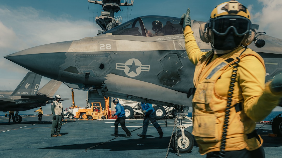 A U.S. Marine Corps F-35B Lightning II assigned to Marine Fighter Attack Squadron (VMFA) 242, 31st Marine Expeditionary Unit, prepares to take off aboard the forward-deployed amphibious assault carrier USS Tripoli (LHA 7), flagship of the Tripoli Expeditionary Strike Group, Dec. 7, 2025, while conducting routine operations in the U.S. 7th Fleet Area of Operations. The 31st MEU, the Marine Corps’ only continuously forward-deployed MEU, provides a flexible and lethal force ready to perform a wide range of military operations as the premiere crisis response force in the Indo-Pacific region. (U.S. Marine Corps photo by Lance Cpl. Raul 242,)