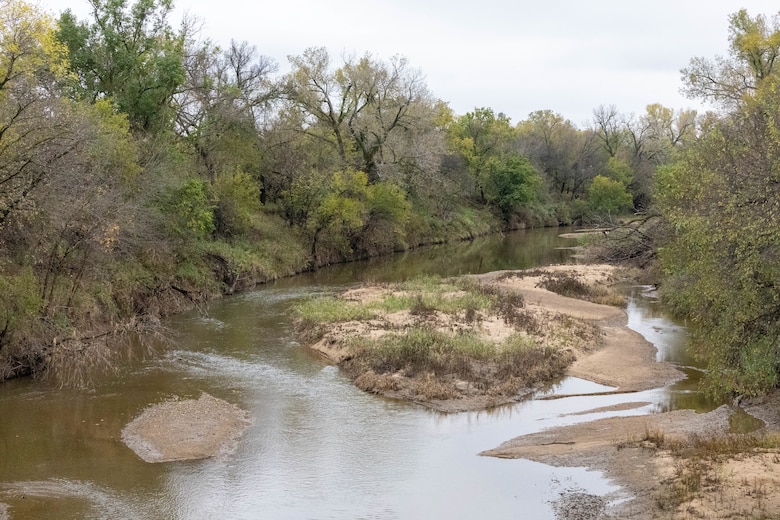 A river with trees on both the left and right side of it with brown sand bars in the middle.