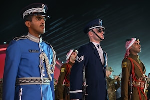 The U.S. Air Force Honor Guard Drill Team rehearses for Qatar’s International Festival of Military Music and Marching in Doha, Qatar, Dec. 15, 2025.