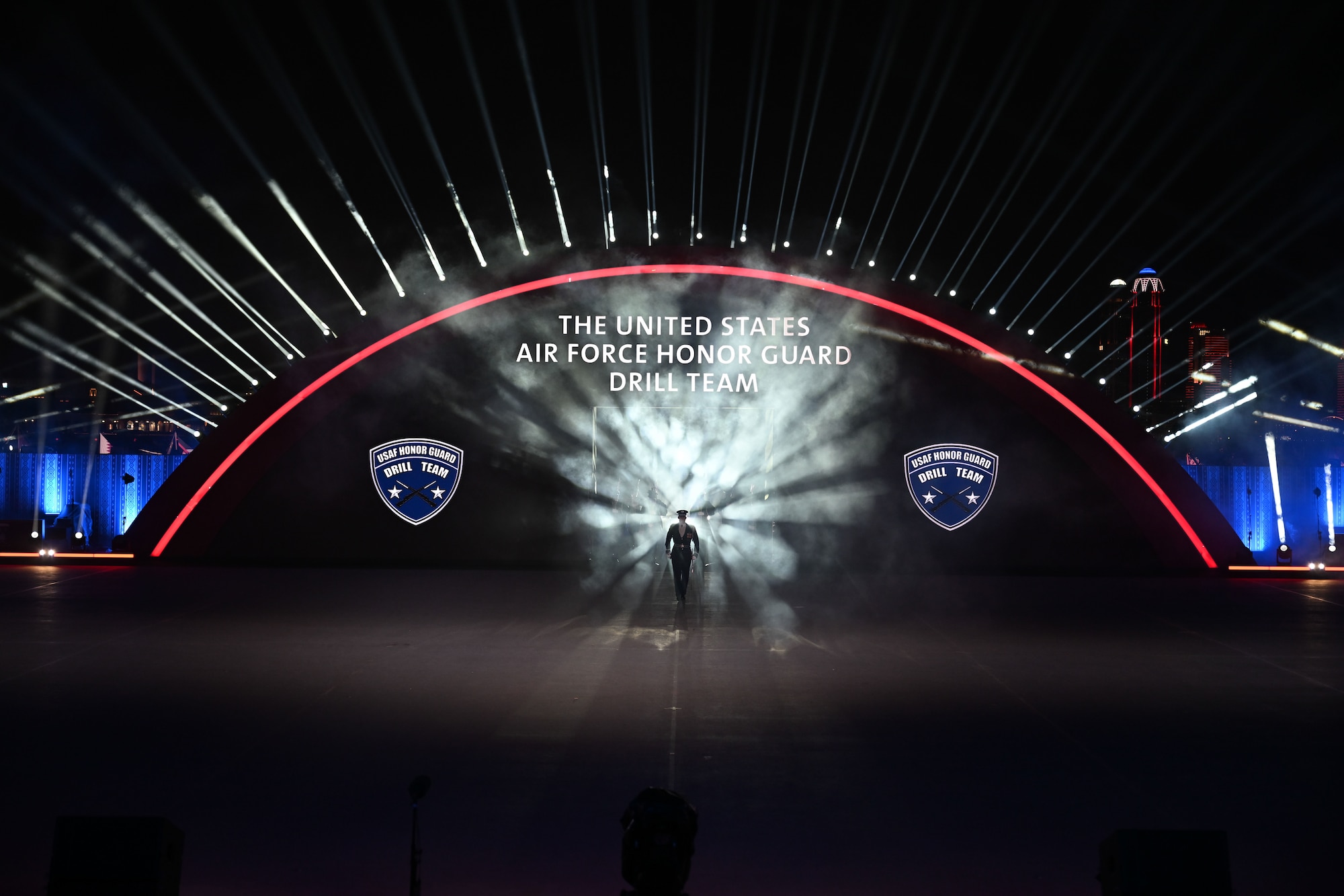 The U.S. Air Force Honor Guard Drill Team rehearses for Qatar’s International Festival of Military Music and Marching in Doha, Qatar, Dec. 15, 2025.