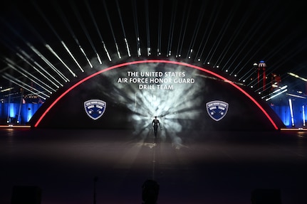 The U.S. Air Force Honor Guard Drill Team rehearses for Qatar’s International Festival of Military Music and Marching in Doha, Qatar, Dec. 15, 2025.