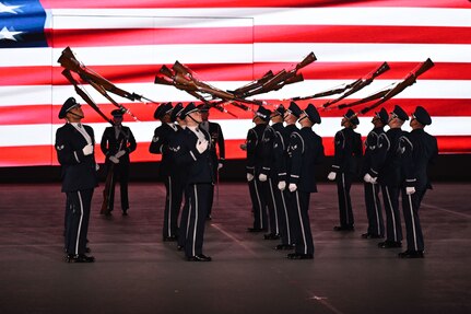 The U.S. Air Force Honor Guard Drill Team rehearses for Qatar’s International Festival of Military Music and Marching in Doha, Qatar, Dec. 15, 2025.