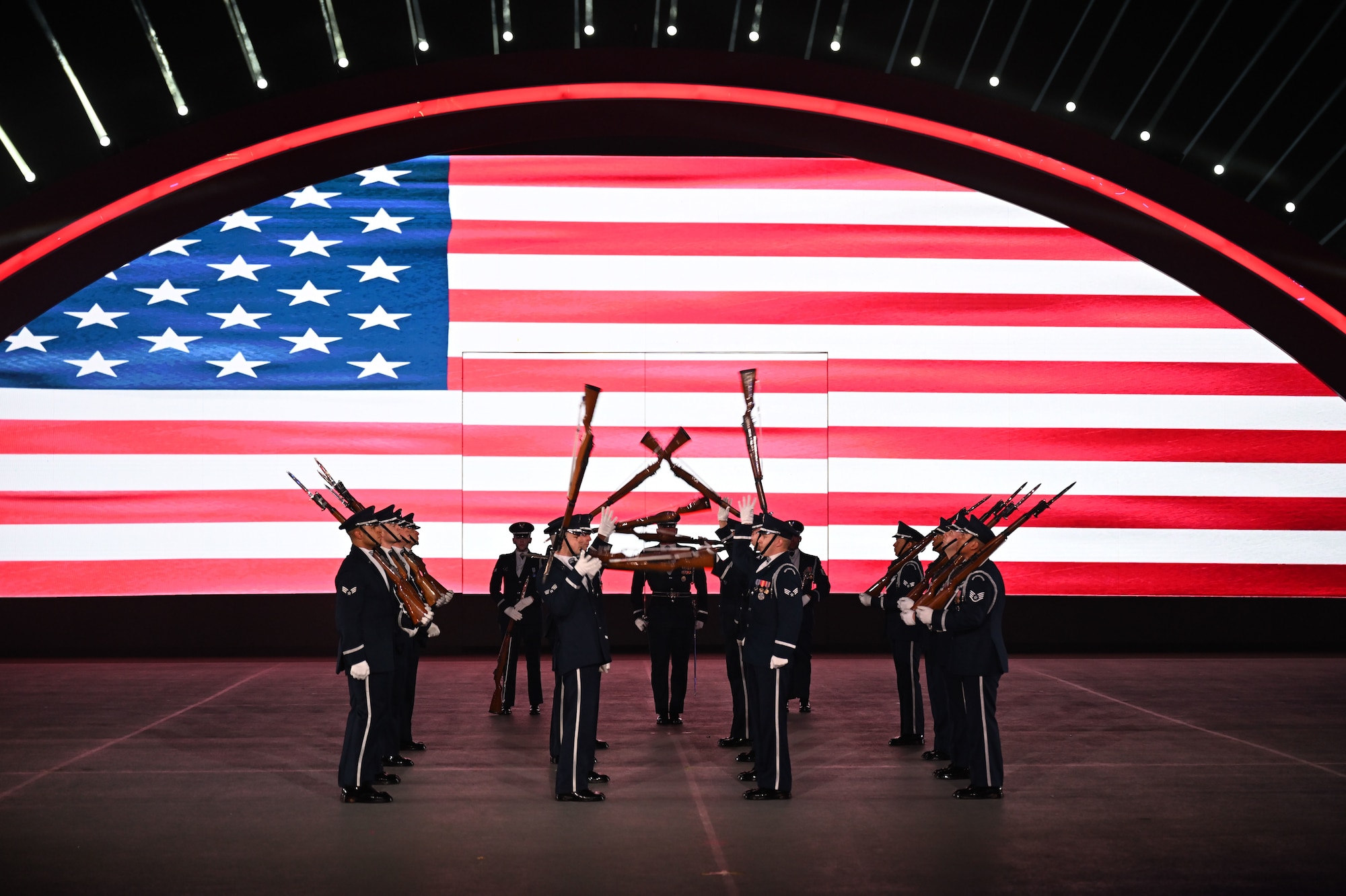 The U.S. Air Force Honor Guard Drill Team rehearses for Qatar’s International Festival of Military Music and Marching in Doha, Qatar, Dec. 15, 2025.