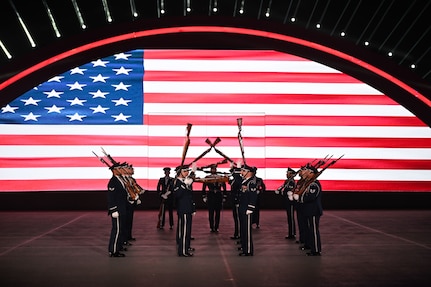 The U.S. Air Force Honor Guard Drill Team rehearses for Qatar’s International Festival of Military Music and Marching in Doha, Qatar, Dec. 15, 2025.