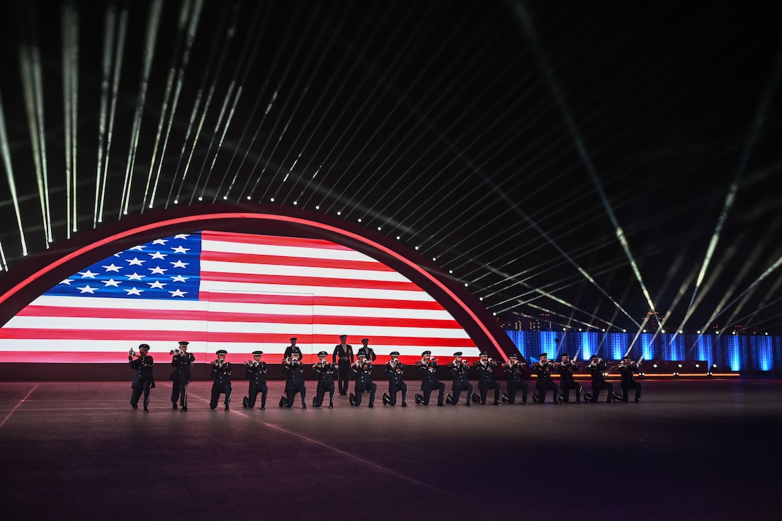 Members of the U.S. Air Force Honor Guard Drill Team rehearse for the inaugural Doha International Festival of Music and Marching, Dec. 15, 2025.